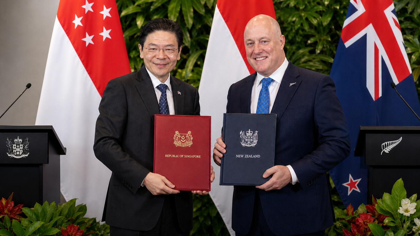 Leaders of Singapore and New Zealand signing a supply chain agreement to secure critical goods during global disruptions